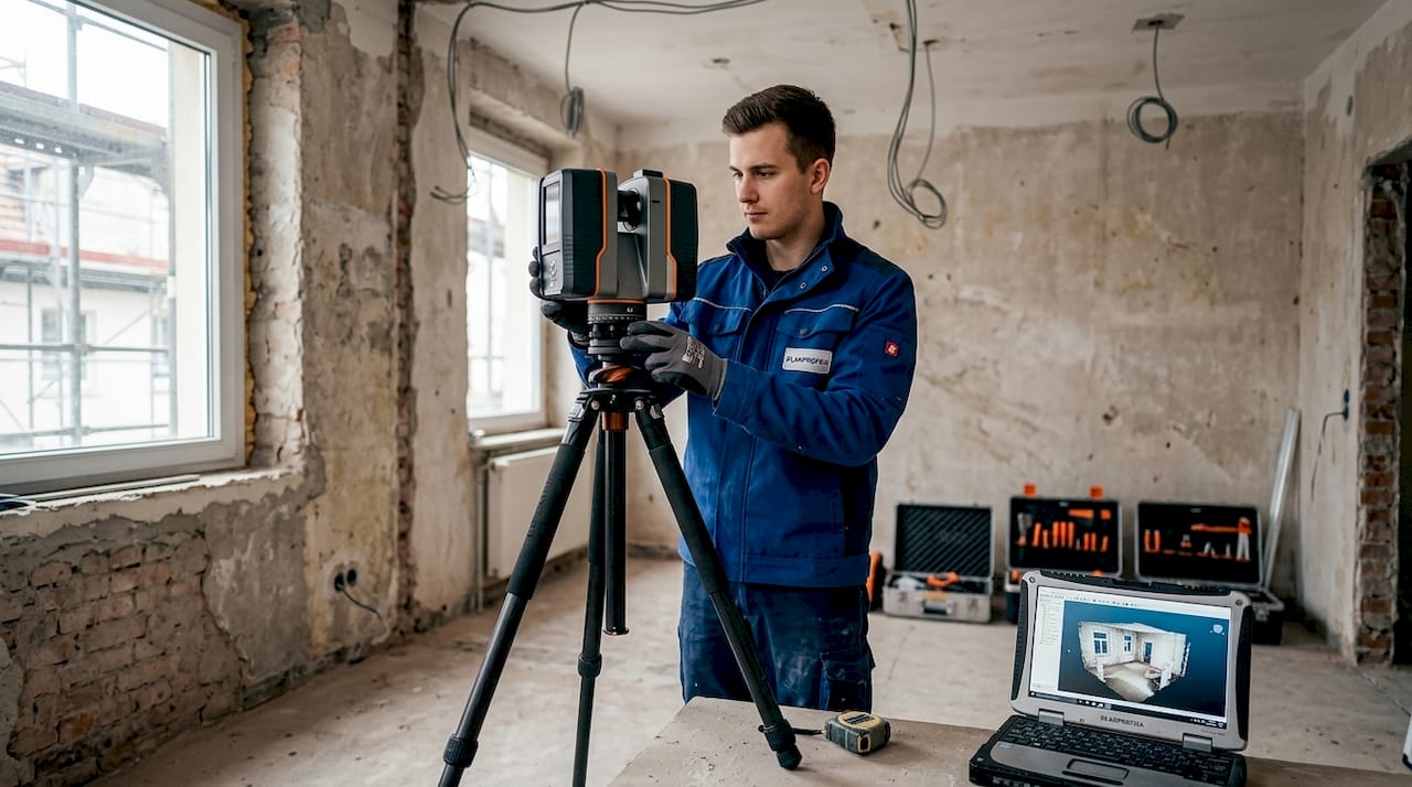 Ein Vermessungsingenieur setzt auf der Baustelle modernste Laserscantechnologie ein, um präzise Messdaten zu erfassen.