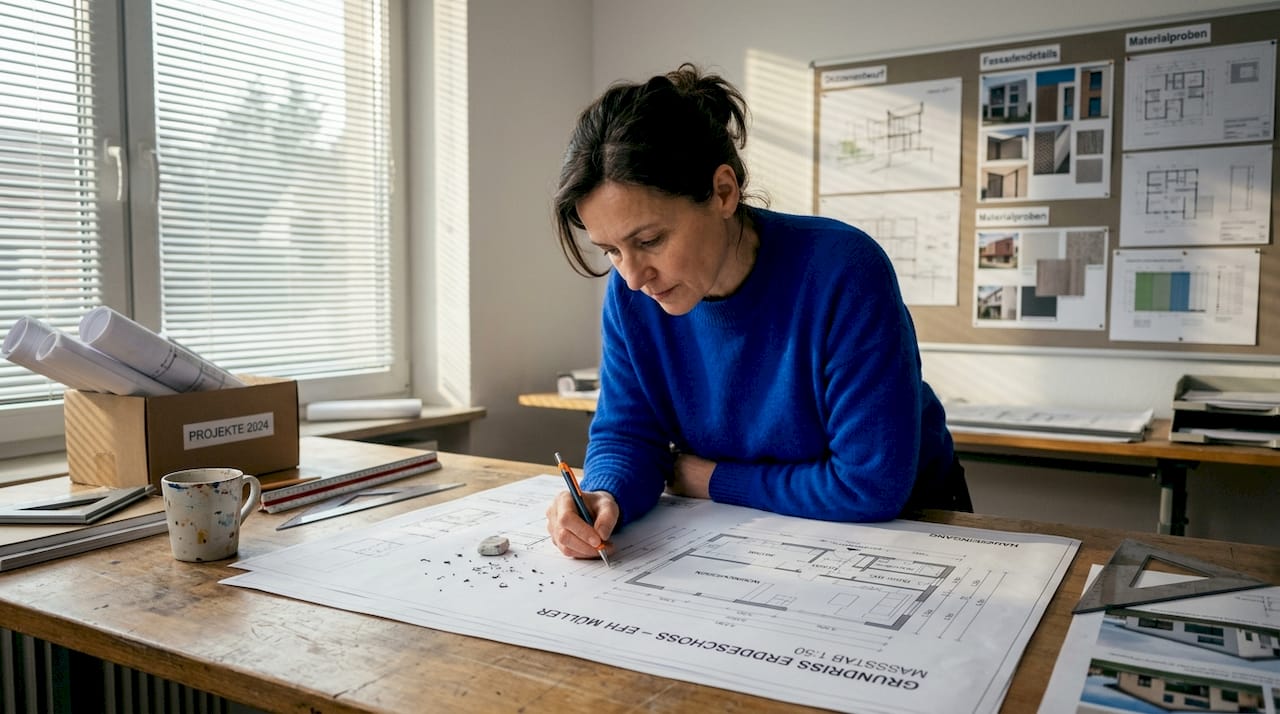 Architektin zeichnet und bemaßt Baupläne am Zeichentisch
