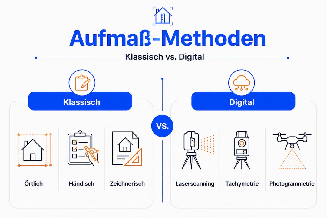 Eine anschauliche Infografik zeigt die Unterschiede zwischen traditionellen und digitalen Methoden der Aufmaß-Erfassung.