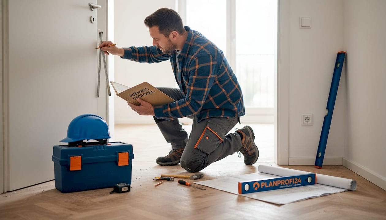 Ein Handwerker vermisst eine Tür mit dem Zollstock und hält dabei ein Notizbuch bereit.